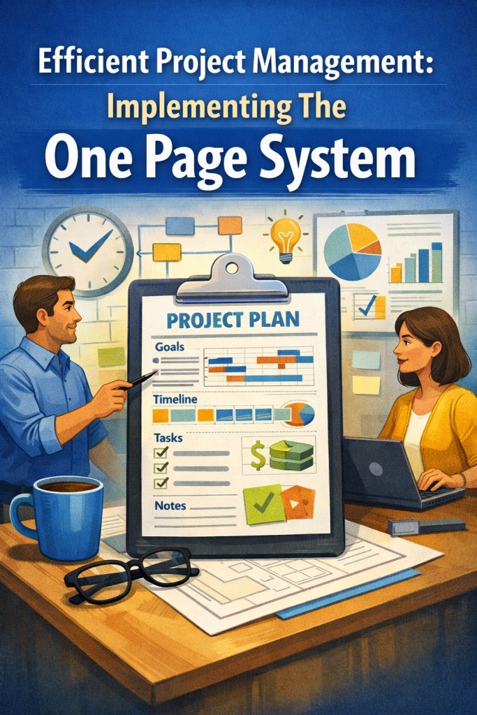 Illustration of a clean, organized one‑page project management dashboard on a clipboard, surrounded by simple charts, checklists, and timeline visuals. A project manager gestures toward the page while a team member works on a laptop beside them. Background icons—like a clock, flowchart, and lightbulb—represent clarity, planning, and decision‑making. The color palette features blues, yellows, and whites for a calm, focused feel.