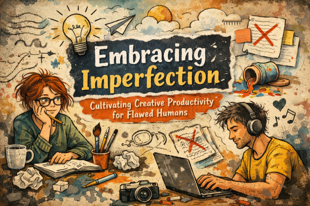 A playful mixed‑media illustration featuring two creative humans working amid messy, imperfect tools. On the left, a red‑haired woman with glasses leans on her hand, surrounded by crumpled paper, a sketchbook, and a coffee cup. On the right, a man in headphones types on a laptop with eraser shavings and a broken pencil nearby. Above them, a cracked lightbulb glows, a paper airplane flies, and colorful paint spills across torn paper textures. The title ‘Embracing Imperfection’ appears on distressed, torn paper, with the subtitle ‘Cultivating Creative Productivity for Flawed Humans’ below. The overall mood celebrates messy creativity, experimentation, and human imperfection.