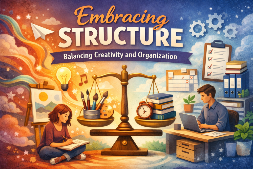 A balanced split‑scene illustration showing the harmony between creativity and organization. On the left, a warm, expressive creative space features flowing paint strokes, a glowing lightbulb, scattered sketches, and a person immersed in artistic work. On the right, a cool, structured workspace displays tidy shelves, a calendar, color‑coded folders, and a person calmly organizing tasks on a laptop. In the center, a golden scale balances art tools on one side and neatly stacked books on the other, symbolizing the equilibrium between imagination and structure. The background blends warm and cool tones to visually merge creativity with order.