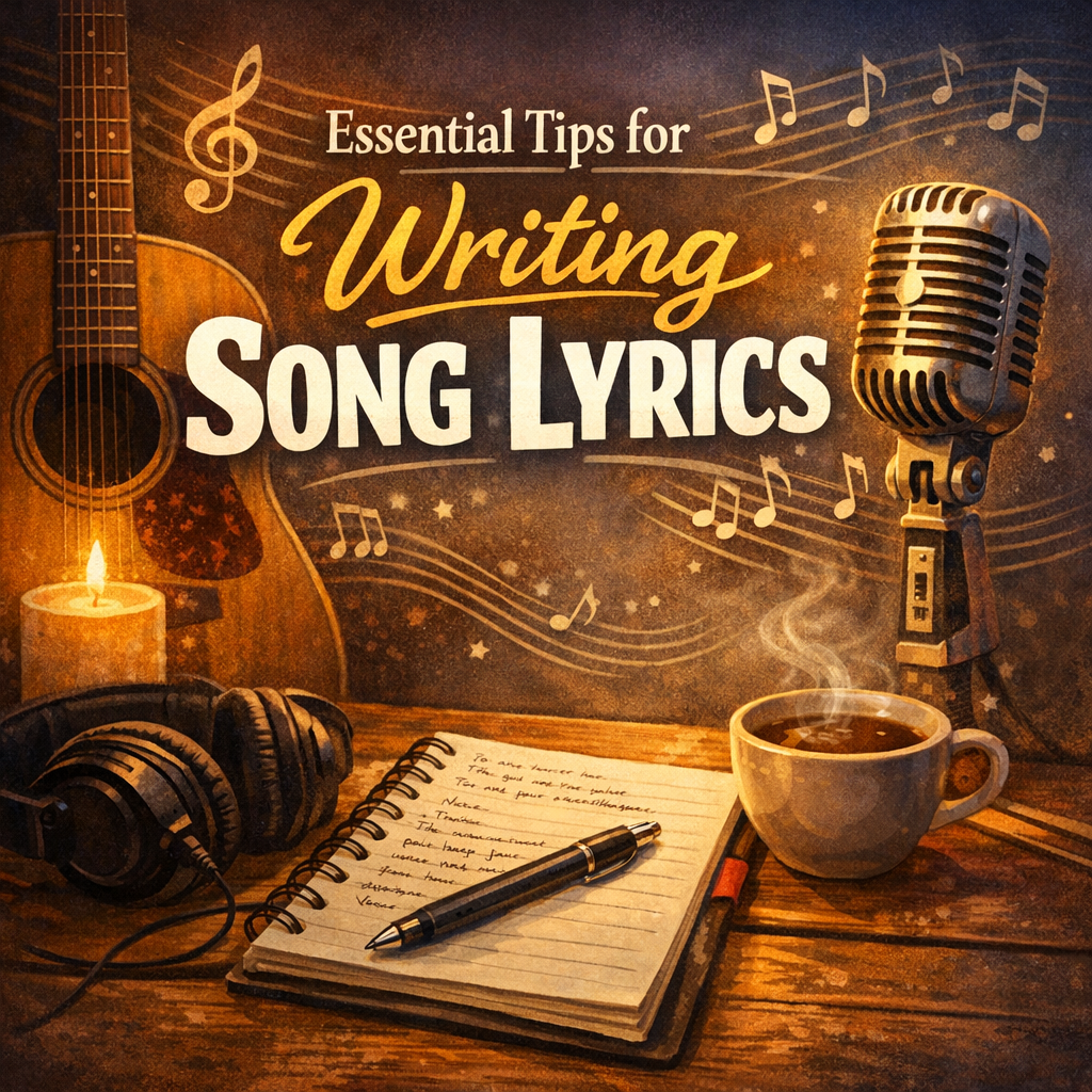 “Warm, creative workspace with an open notebook of handwritten lyric ideas, a pen, guitar, vintage microphone, headphones, and a steaming cup of coffee, set against glowing musical notes and the title ‘Essential Tips for Writing Song Lyrics.’”