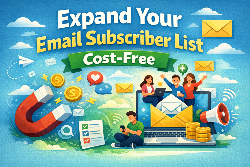 “Colorful illustration showing a magnet attracting icons, a laptop with an email sign‑up graphic, and diverse characters engaging with digital content, representing cost‑free strategies to expand an email subscriber list.”