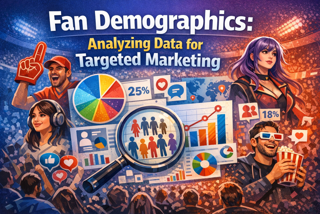 “A vibrant illustration showing diverse fans—music lovers, sports fans, gamers, and pop‑culture enthusiasts—surrounding colorful charts and graphs. In the center, a magnifying glass highlights demographic icons and data points, symbolizing audience analysis. The background features bright blues, purples, and reds, with elements like a pie chart, bar graph, line graph, and social engagement icons representing targeted marketing insights.”