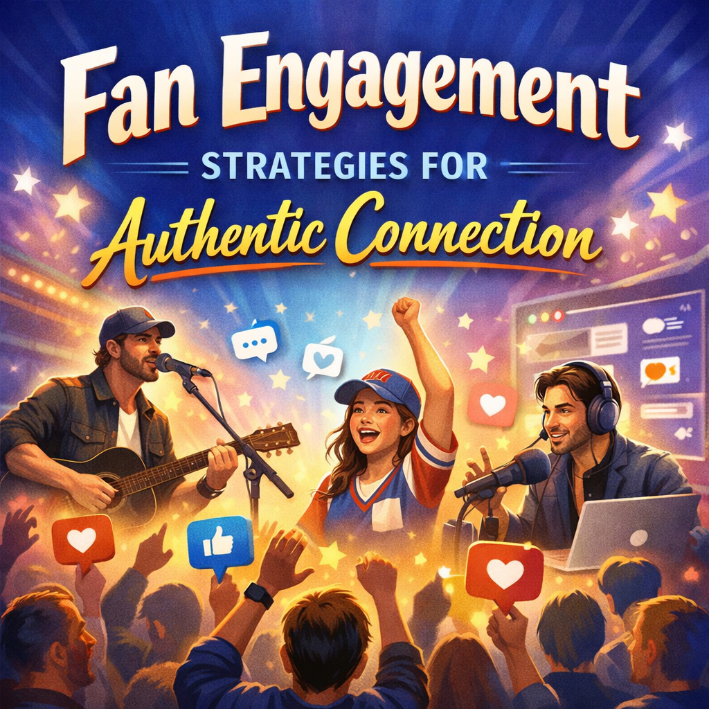 “Vibrant illustration showing a musician performing on stage, a cheering sports fan, and a content creator at a microphone, all surrounded by a diverse crowd holding engagement icons like hearts, speech bubbles, and thumbs‑up symbols. Bold title text reads ‘Fan Engagement Strategies for Authentic Connection’ against a blue‑purple gradient background with light rays, conveying energy, community, and authentic connection.”
