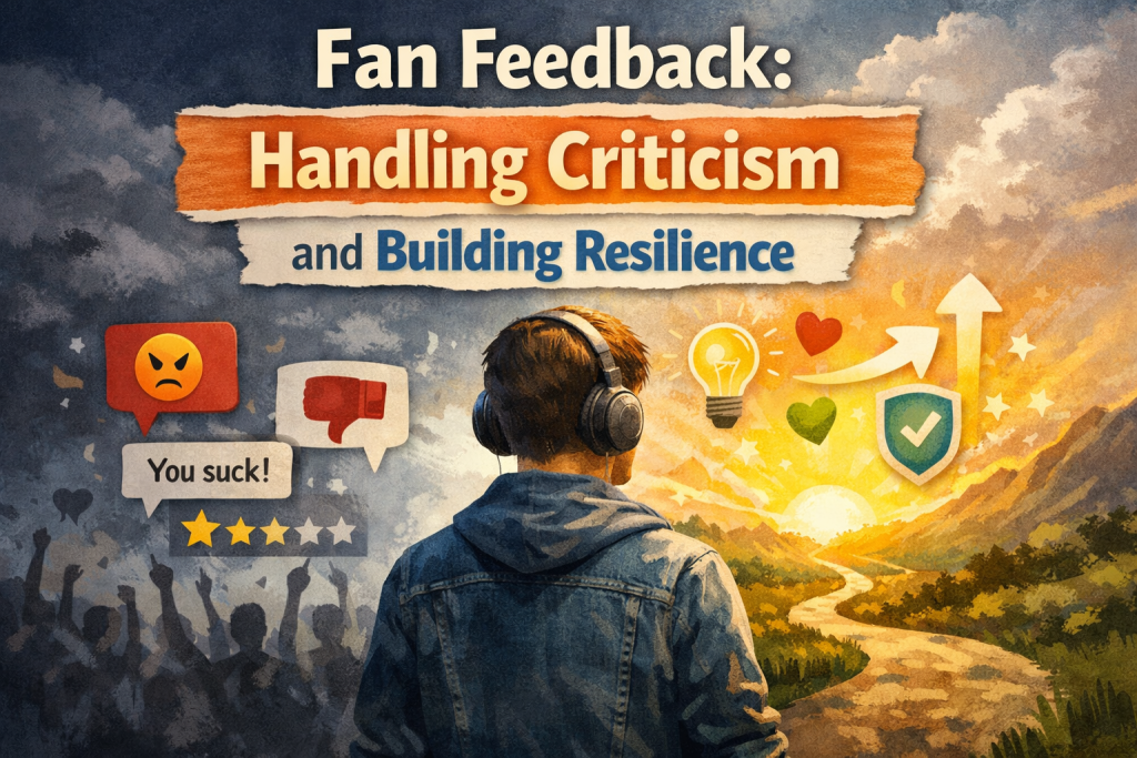 “Illustration showing a musician facing both negative fan feedback and a bright, uplifting landscape. The left side includes angry comments, a thumbs‑down icon, and a low star rating. The right side shows sunlight, a winding path, and positive symbols like a heart, lightbulb, and shield, representing resilience and growth. The title ‘Fan Feedback: Handling Criticism and Building Resilience’ appears across the top.”