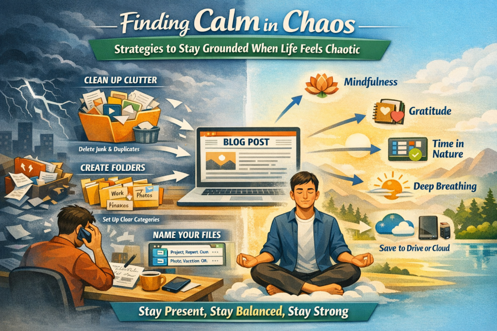 An illustration titled “Finding Calm in Chaos” with the subtitle “Strategies to Stay Grounded When Life Feels Chaotic.” On the left, a chaotic scene shows a stressed man with a phone, alarm clock, papers, and stormy sky. On the right, the same man sits in a meditative pose surrounded by icons: a lotus for mindfulness, a notebook and heart for gratitude, a tree for nature, and a sun for deep breathing. A serene background with a sun and mountains contrasts with the chaotic one. At the bottom, the phrase “Stay Present, Stay Balanced, Stay Strong” is displayed.