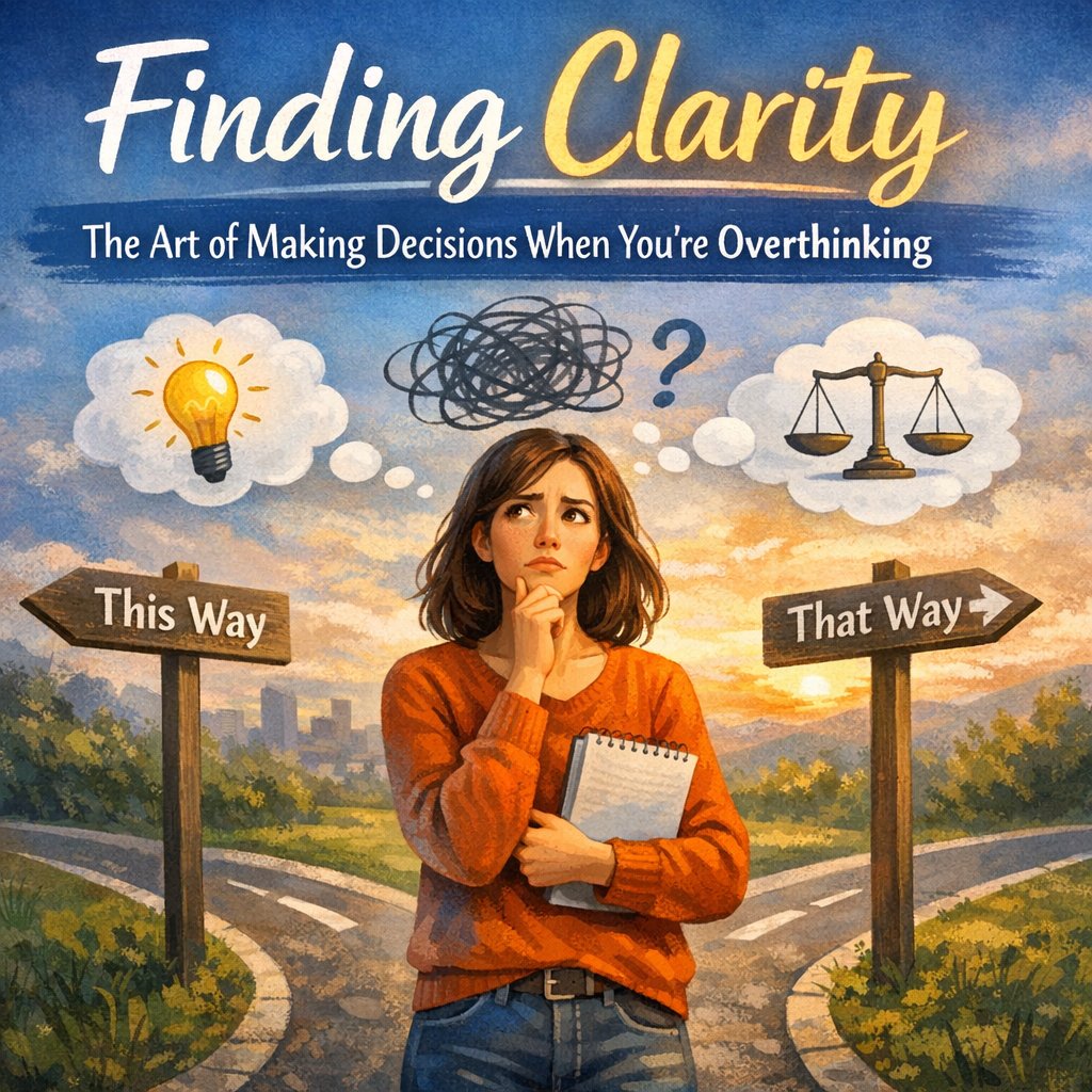 A young woman stands at a fork in the road, looking uncertain as she holds her chin in thought. Above her head float symbols of overthinking — a tangled scribble, a question mark, a lightbulb, and a set of scales. Two signs point in opposite directions labeled “This Way” and “That Way.” Warm sunrise light softens the background landscape. The title “Finding Clarity” appears above her, with the subtitle “The Art of Making Decisions When You’re Overthinking.” The overall mood conveys confusion shifting toward clarity and calm decision‑making.