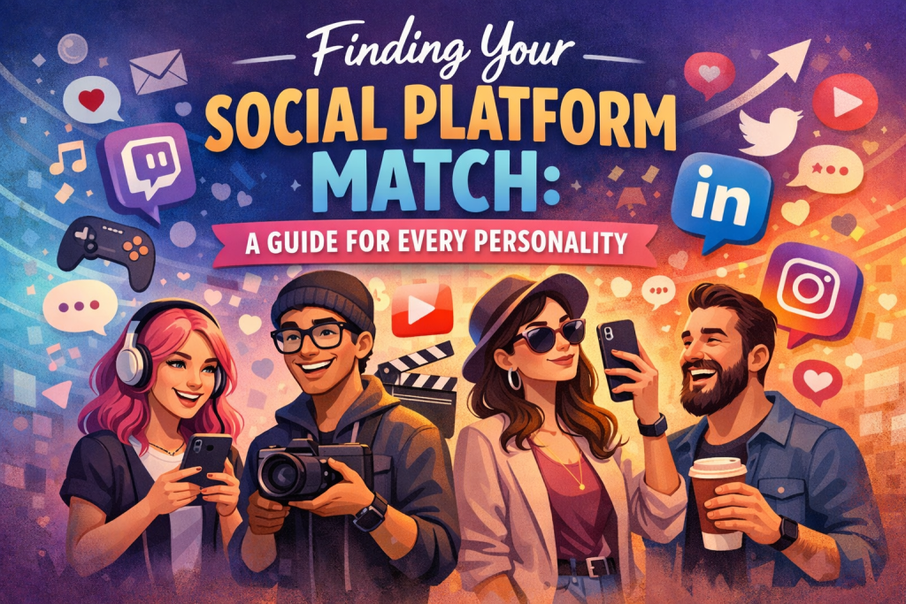 Colorful illustrated header for a blog post titled Finding Your Social Platform Match: A Guide for Every Personality. Four diverse cartoon characters represent different social media styles: a gamer with headphones near Twitch icons, a cheerful creator filming with a camera beside YouTube symbols, a stylish selfie‑taker with Instagram elements, and a relaxed professional holding coffee with Twitter and LinkedIn icons. Bright gradient background with hearts, speech bubbles, and digital symbols floating around.