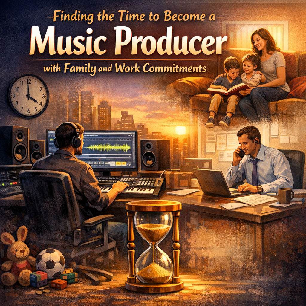 A music producer sits at a home studio desk with headphones on, working in a DAW while a clock shows limited time. On the right, split scenes show his family reading together and the same man at an office desk on a work call. An hourglass sits in the center, symbolizing the struggle to balance music production with family and work commitments.