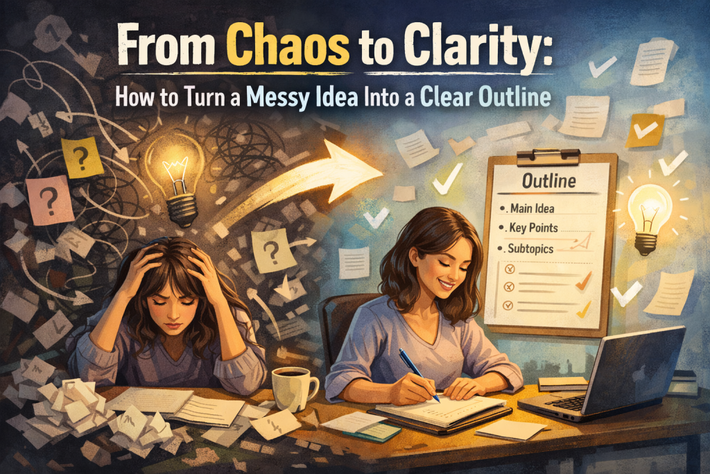 A split-scene illustration showing the transformation from a chaotic idea to a clear outline. On the left, a woman sits at a cluttered desk surrounded by crumpled papers, tangled scribbles, and dim light, looking overwhelmed. A glowing arrow guides the eye to the right side, where the same woman works calmly at a tidy desk with a bright lightbulb overhead, writing a structured outline labeled with numbered sections. The background shifts from dark and messy to bright and organized, symbolizing clarity and momentum.