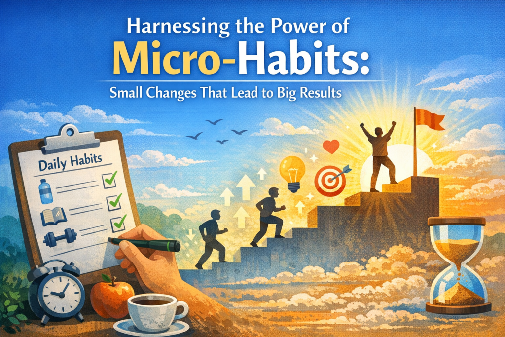 A vibrant illustration showing a person climbing a series of rising steps toward a flag at the top, symbolizing progress through micro‑habits. A “Daily Habits” checklist, small icons like a lightbulb, heart, and target, and an hourglass surround the scene, representing small daily actions building momentum and long‑term results.