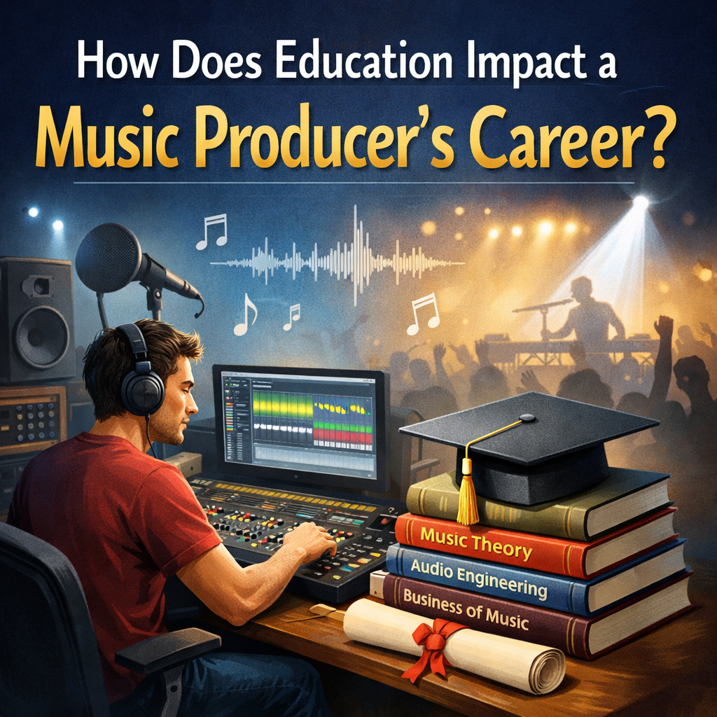 “Digital illustration showing a young music producer working at a studio desk with a DAW, MIDI keyboard, and mixing console, contrasted with a graduation cap and stack of music‑education books. Visual elements like waveforms, musical notes, and a stage silhouette highlight how formal learning and hands‑on practice shape a music producer’s career.”