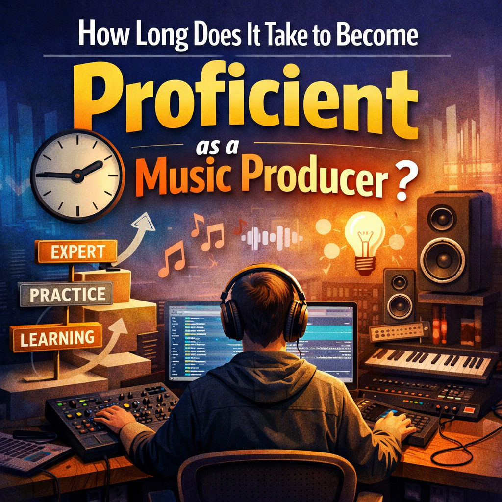 Digital illustration for a blog post titled “How Long Does It Take to Become Proficient as a Music Producer?” featuring a young producer working at a studio desk with headphones on, a DAW open on the screen, a clock symbolizing the learning timeline, and a staircase labeled Learning → Practice → Expert. Bright blue‑to‑purple gradient background with music icons, studio gear, and motivational visual cues.