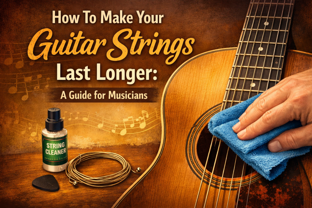 “Close-up of an acoustic guitar being cleaned with a blue microfiber cloth, with a bottle of string cleaner, coiled replacement strings, and a guitar pick arranged on a warm brown background. The blog title ‘How To Make Your Guitar Strings Last Longer: A Guide for Musicians’ appears in bold lettering above the scene.”