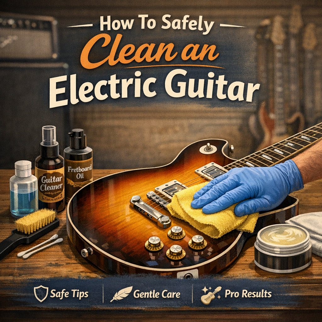 A sunburst electric guitar rests on a wooden surface while a gloved hand wipes the body with a yellow microfiber cloth. Guitar‑safe cleaning products, polish, and tools sit nearby, with a blurred background of amps and hanging guitars. Text on the image reads “How To Safely Clean an Electric Guitar.”