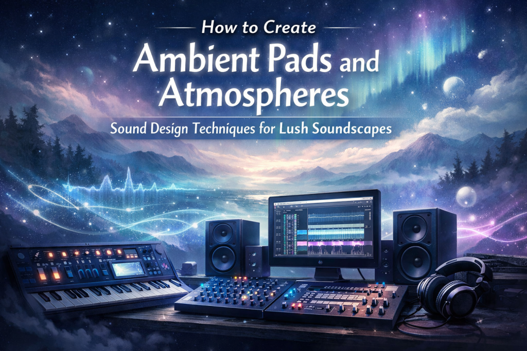 A digital illustration of a music‑production workspace set against a dreamy, ethereal landscape. A synthesizer, mixing console, studio monitors, and a DAW screen glow with soft blue and purple light. Behind the gear, misty mountains, floating light orbs, and aurora‑like colors blend into a surreal ambient soundscape. Subtle waveforms connect the studio equipment to the atmospheric background, visually representing the process of creating lush ambient pads and textures.