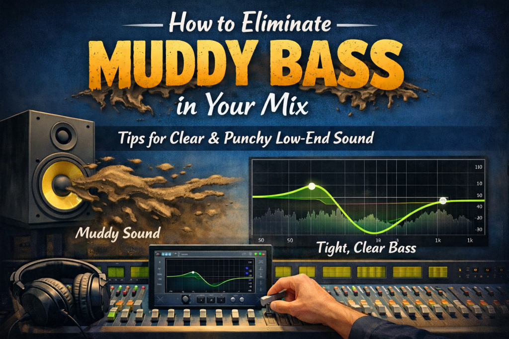 “Digital illustration showing a comparison between muddy, unclear bass and a clean, punchy low‑end mix. On the left, a studio monitor emits wavy brown ‘muddy’ sound. On the right, a bright green EQ curve shows a tightened low end. A mixing console, headphones, and an EQ plugin appear in the foreground, reinforcing the theme of improving bass clarity in music production.”
