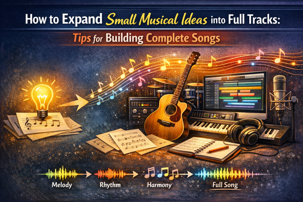 Digital illustration showing a small glowing lightbulb above a single musical note on sheet music, symbolizing a tiny musical idea. Colorful sound waves flow from the lightbulb toward a full music‑production setup, including an acoustic guitar, keyboard with headphones, handwritten notes, and a computer displaying a DAW with multiple tracks. The scene represents transforming simple ideas into complete songs. The blog post title appears in bold, vibrant lettering across the top.
