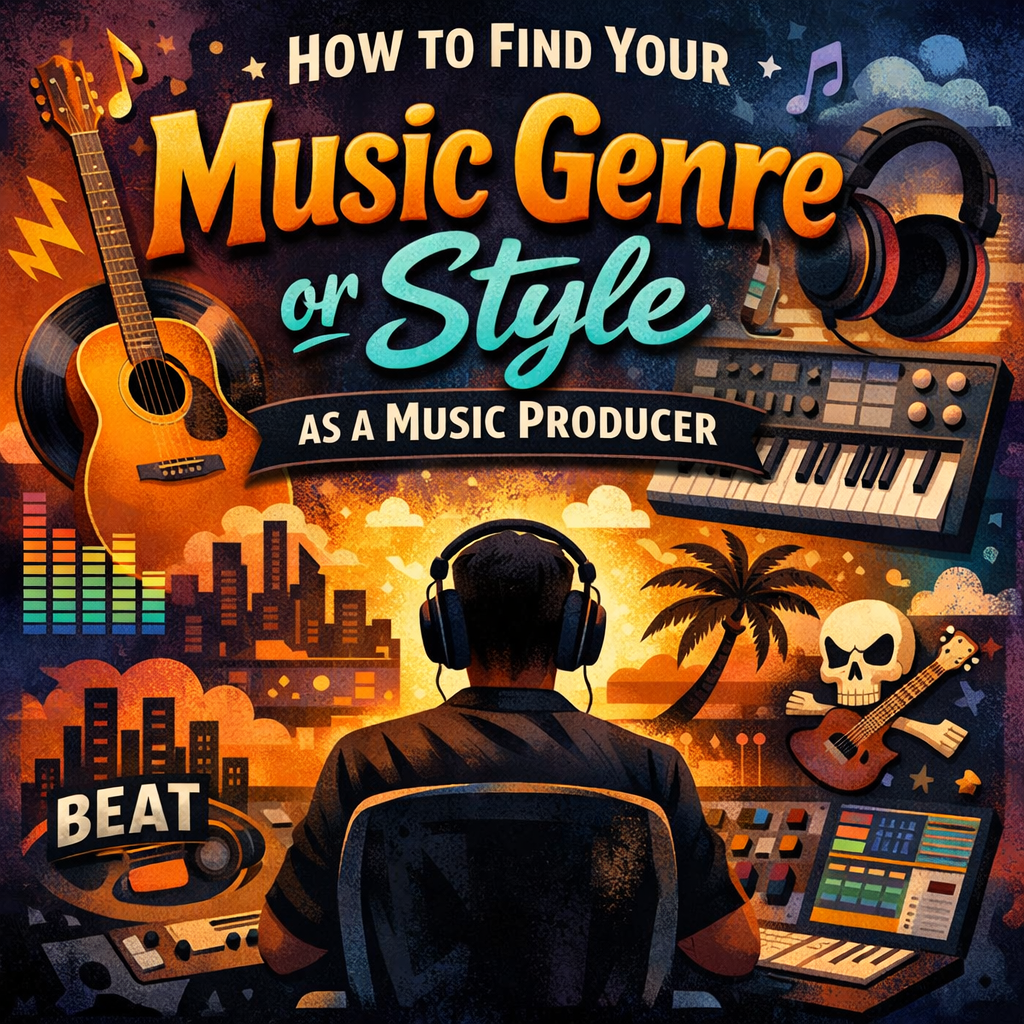 A vibrant digital illustration showing a music producer sitting at a studio desk, surrounded by symbols of different music genres—guitars, headphones, a synthesizer, a DAW screen, and colorful sound waves. The title “How to Find Your Music Genre or Style as a Music Producer” appears in bold, creative lettering. The scene represents exploration, creativity, and discovering your unique sound.