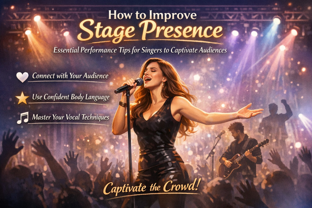 Illustration of a singer performing on a brightly lit stage, reaching out toward the audience with confident body language. Colorful purple, blue, and pink lights shine behind her as silhouettes of cheering fans raise their hands. Icons beside her highlight key stage‑presence tips: audience connection, confident movement, and vocal technique. A guitarist and additional performer appear in the background, reinforcing the live‑show atmosphere.