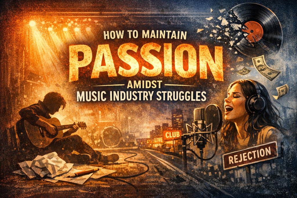 “Digital illustration showing a musician’s journey through industry struggles: a guitarist sits alone on a dimly lit stage with cables and crumpled paper nearby, while on the opposite side a singer records passionately in a studio. A shattered vinyl record, floating dollar bills, and a ‘Rejection’ road sign symbolize industry pressures. Bold glowing text reads ‘How to Maintain Passion Amidst Music Industry Struggles.’ Warm stage lights contrast with a darker cityscape, highlighting resilience and creative endurance.”