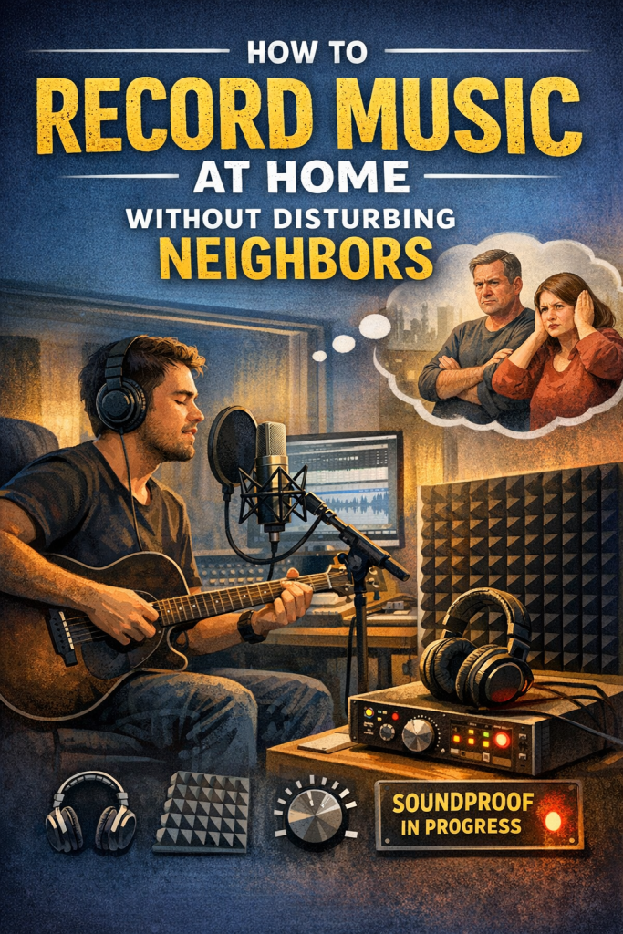 “Illustration of a musician recording quietly at home: a guitarist wearing headphones sings into a microphone in a small home studio with acoustic foam, soft lighting, and a computer displaying audio software. A thought bubble shows annoyed neighbors, highlighting the need for noise‑friendly recording. Icons of soundproofing gear appear along the bottom.”