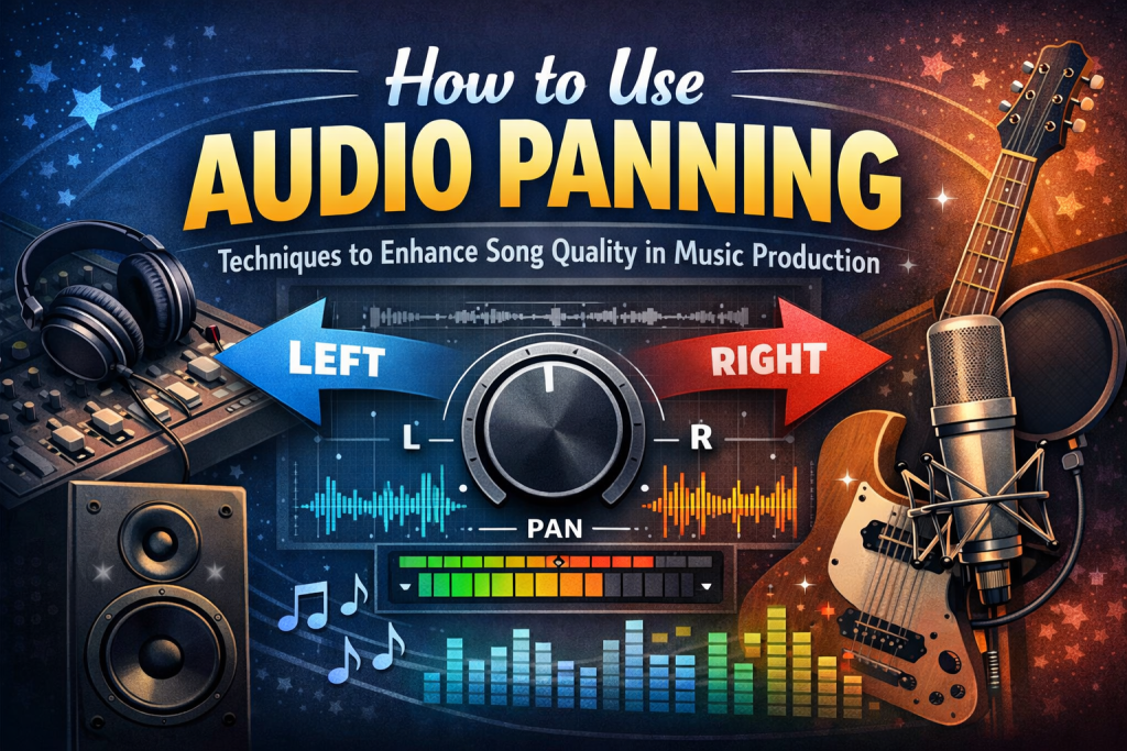 “Digital illustration showing audio panning in music production, featuring left and right arrows, a central pan knob, waveform display, studio headphones, and mixing gear to visually explain how panning enhances clarity and space in a song.”