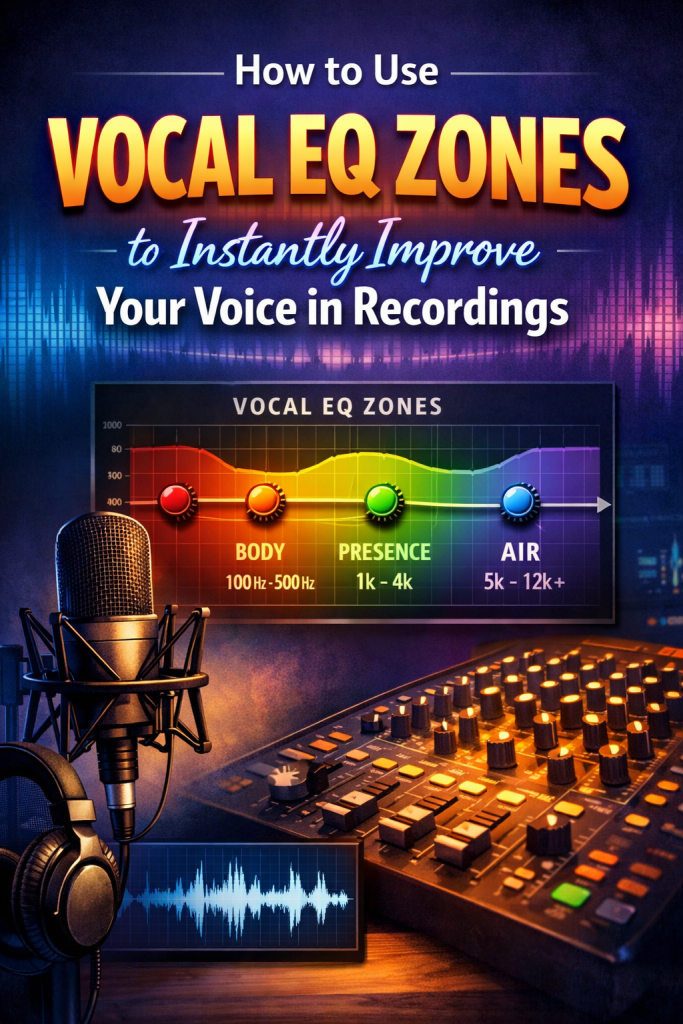 A colorful blog graphic titled “How to Use Vocal EQ Zones to Instantly Improve Your Voice in Recordings,” featuring a studio microphone, headphones, and a clear EQ chart showing sub‑bass, body, presence, and air frequency ranges. The background includes soft blue‑purple soundwaves and a glowing frequency display to help beginners visualize how different EQ zones shape vocal tone.