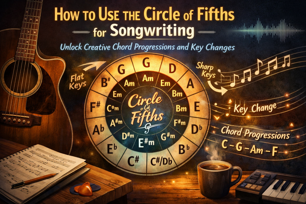 Digital illustration showing the Circle of Fifths at the center, surrounded by warm, creative songwriting elements. An acoustic guitar, open notebook with handwritten chords, pencil, small keyboard, and coffee mug sit on a wooden desk. Musical arrows, glowing chord progressions, and a “Key Change” indicator flow outward from the circle. The title “How to Use the Circle of Fifths for Songwriting” appears above the diagram. The scene feels warm, inviting, and designed to help beginner songwriters understand chord progressions and key changes.