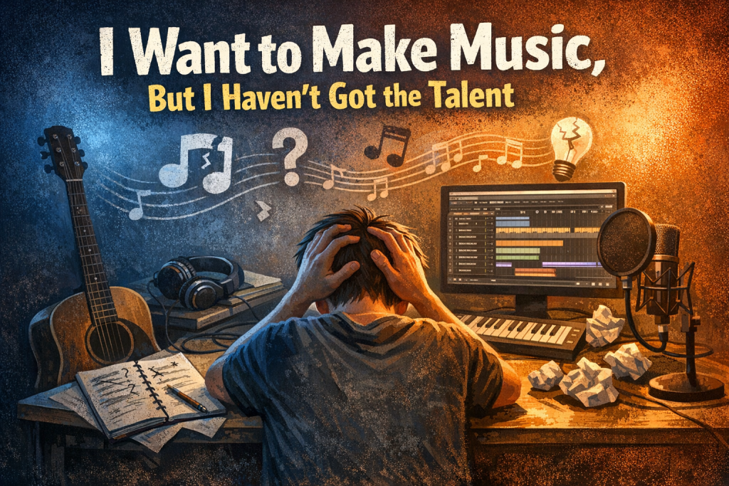 A young musician sits at a cluttered desk with their head in their hands, surrounded by a guitar, a MIDI keyboard, crumpled lyric pages, and a glowing DAW screen. The lighting blends cool blues and warm oranges, symbolizing doubt and hope. Floating icons of a broken musical note and cracked lightbulb represent creative frustration. The scene captures the feeling of wanting to make music but believing you lack the talent.