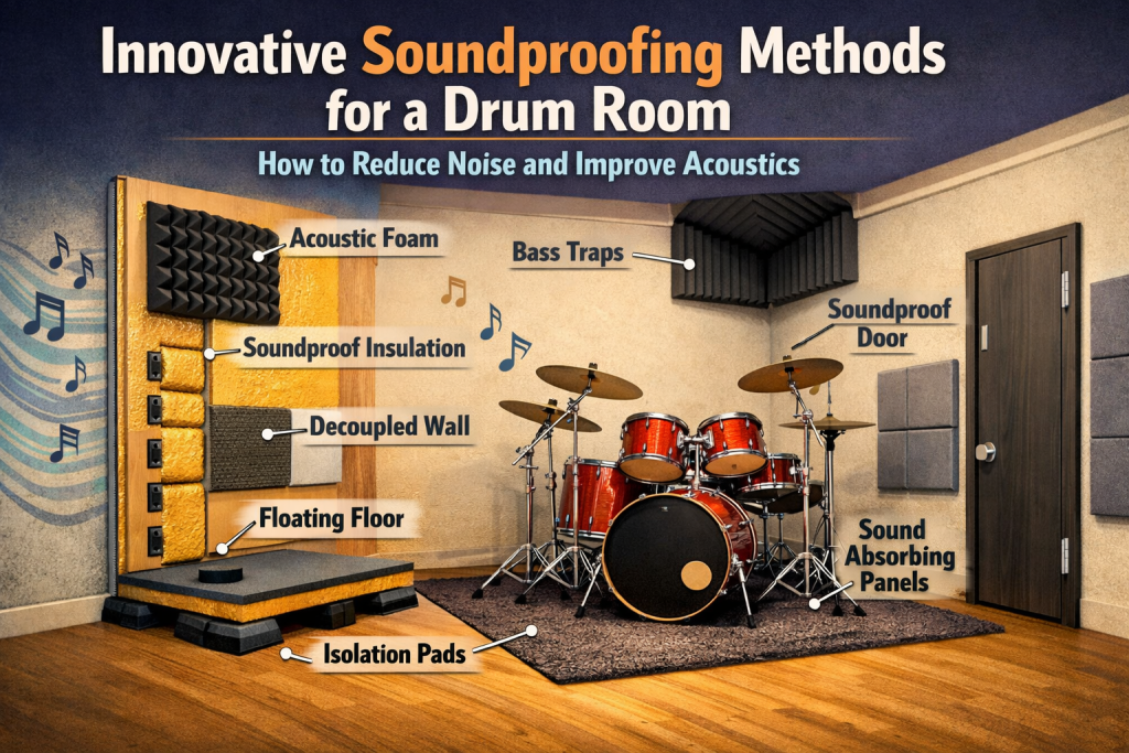 Illustration of a drum room showing innovative soundproofing methods, including acoustic foam, bass traps, sound‑absorbing panels, a floating floor with isolation pads, a soundproof door, and layered wall insulation. A full drum kit sits on a rug atop the floating platform, with labels pointing to each sound‑control technique. The design visually contrasts untreated noise on the left with a calmer, treated acoustic space on the right.