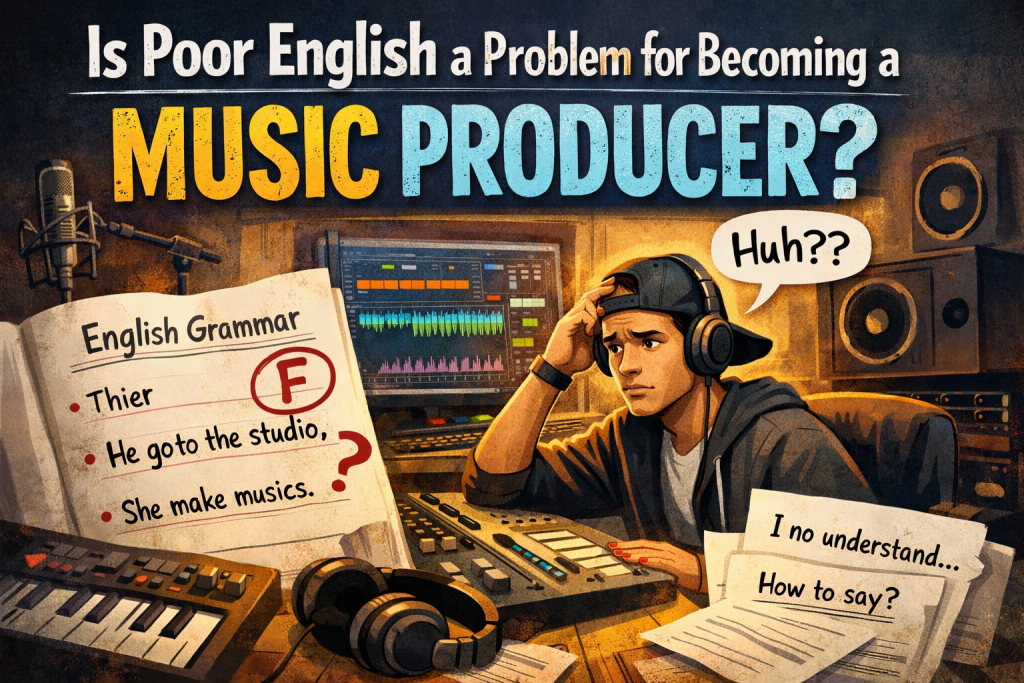 A colorful digital illustration showing a young music producer in a studio, wearing headphones and looking confused at a computer screen with audio waveforms. On the left side, an English grammar book with misspelled words and a red “F” grade is visible. The title “Is Poor English a Problem for Becoming a Music Producer?” appears in bold lettering across the top. Studio gear like a microphone, keyboard, and speakers surround the scene, contrasting language struggles with creative music‑making.