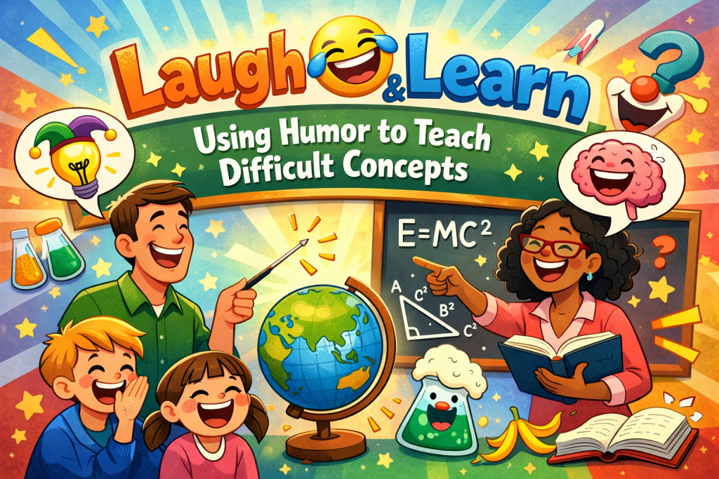 A colorful illustrated blog header titled “Laugh & Learn: Using Humor to Teach Difficult Concepts.” Two teachers—one pointing at a globe, the other gesturing toward math equations—laugh as they teach. Around them, cheerful cartoon elements like a smiling atom, a beaker with bubbly liquid, and a lightbulb wearing a jester hat add playful energy. Two students laugh in the foreground, surrounded by whimsical classroom icons such as a paper airplane, banana peel, and science symbols. The overall style is bright, friendly, and fun, emphasizing humor as a teaching tool.