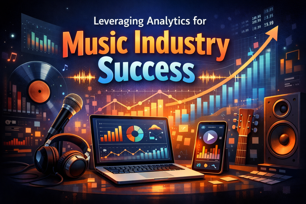 Digital illustration showing music‑industry analytics tools: a laptop with colorful charts, a smartphone displaying a music app, a vinyl record, headphones, a microphone, and a guitar neck. Behind them, glowing bar graphs, line charts, and upward arrows represent growth and data‑driven success. The title “Leveraging Analytics for Music Industry Success” appears above a bright soundwave.