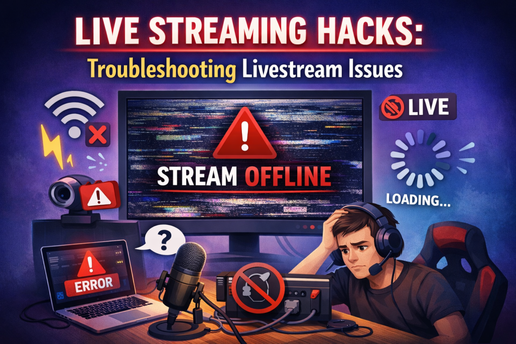 “Digital illustration showing a frustrated livestreamer sitting at a desk with a headset while a computer monitor displays a red ‘STREAM OFFLINE’ warning. Surrounding icons highlight common livestream issues such as weak Wi‑Fi, buffering, audio errors, and cable problems. Bright blue and purple background with bold title text: ‘Live Streaming Hacks: Troubleshooting Livestream Issues.’”