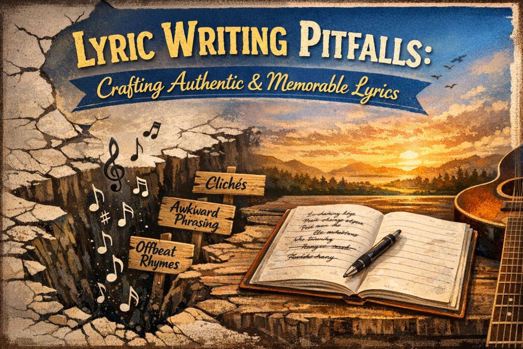 “A split‑scene illustration for a blog post on lyric‑writing pitfalls. On the left, musical notes tumble into a cracked chasm marked with signs reading clichés, awkward phrasing, and offbeat rhymes. On the right, an open notebook with handwritten lyrics, a pen, and part of an acoustic guitar sit on a wooden surface under a warm sunset sky. The contrast highlights the journey from common mistakes to crafting authentic, memorable lyrics.”