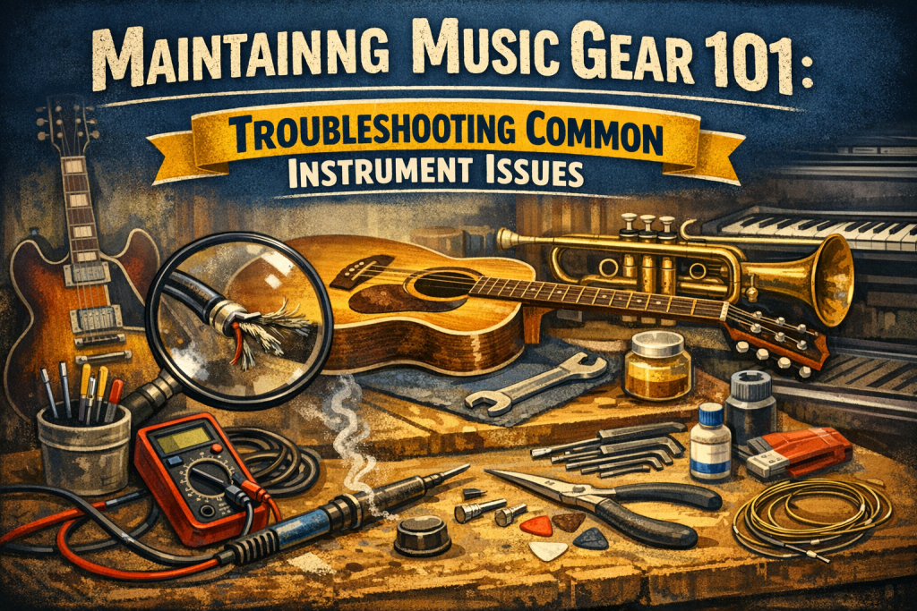 “Digital illustration of a workbench filled with musical instruments and repair tools. An electric guitar, acoustic guitar, trumpet, and keyboard sit alongside a magnifying glass inspecting a frayed cable, a multimeter, screwdrivers, pliers, coiled strings, and a soldering iron. A bold title reads ‘Maintaining Music Gear 101’ with a yellow banner below that says ‘Troubleshooting Common Instrument Issues.’ The scene is warm, organized, and inviting, emphasizing practical, hands‑on instrument care.”