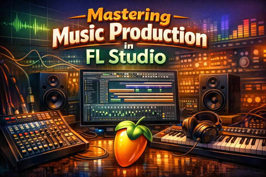 A vibrant digital illustration of a modern music studio featuring a computer screen displaying the FL Studio interface, surrounded by a MIDI keyboard, studio monitors, headphones, and a colorful mixing console. Waveforms and audio spectrum graphics glow in the background, creating an energetic atmosphere for the blog post “Mastering Music Production in FL Studio.”