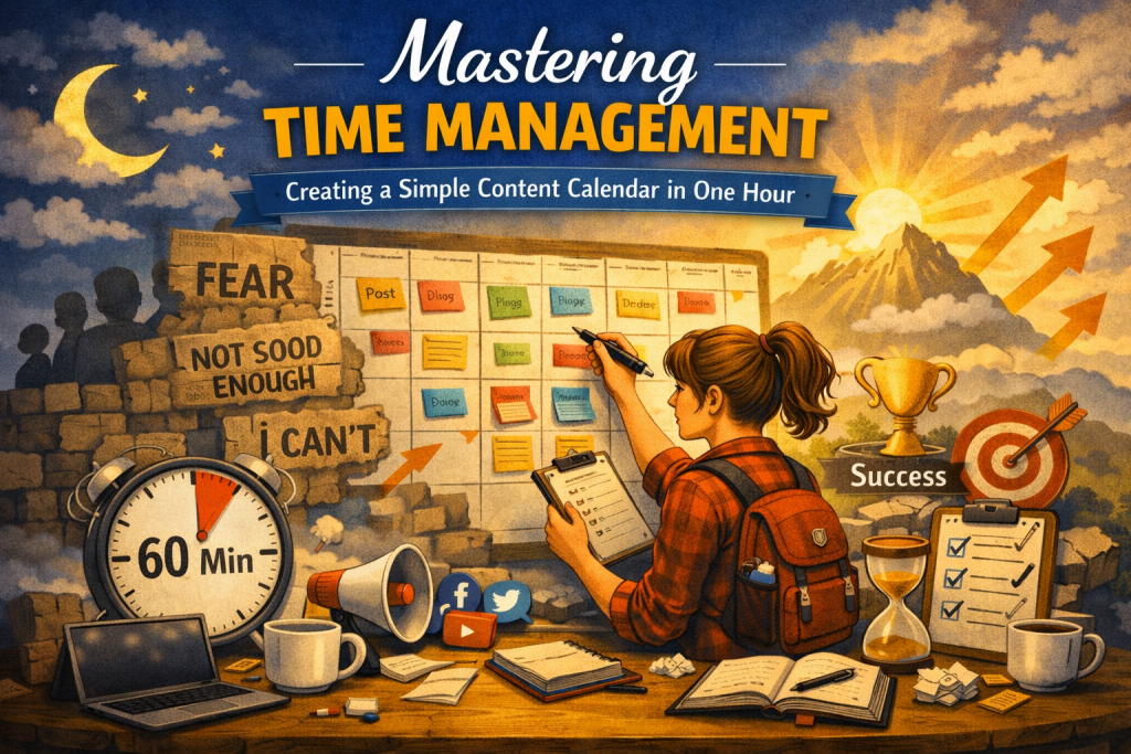 A digital illustration titled "Mastering Time Management" with the subtitle "Creating a Simple Content Calendar in One Hour." In the center, a large calendar with color-coded sticky notes is featured, surrounded by a clock with a countdown timer showing “60 Min” in the foreground. A focused woman with a ponytail is writing on the calendar, holding a pen and a clipboard. To the left are icons like a laptop, megaphone, and social media symbols. To the right, there’s a checklist, a lightbulb, and a calendar icon with a checkmark. An hourglass is next to an open planner and a cup of coffee on the desk. The scene includes dynamic, upward arrows and a sense of productivity.