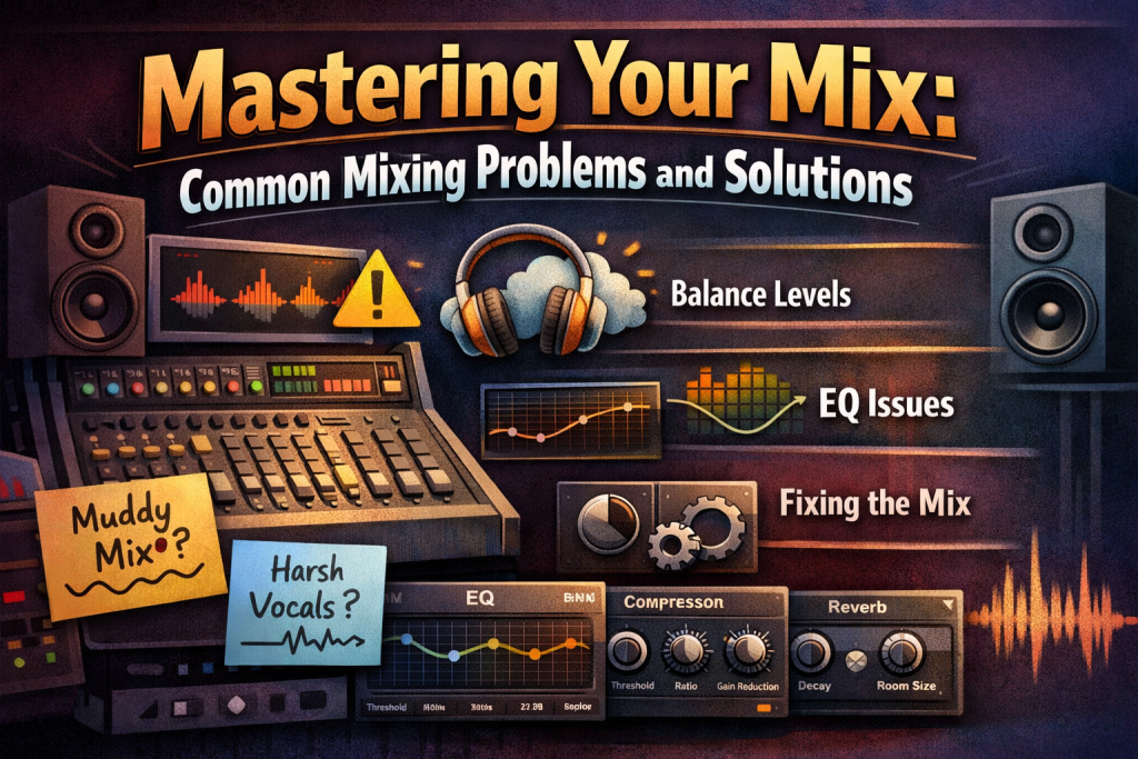 “Digital illustration of a music‑production workspace featuring a glowing mixing console, plugin interfaces, and warning icons representing common mix issues like muddy lows, harsh vocals, and level imbalance. The blog title ‘Mastering Your Mix: Common Mixing Problems and Solutions’ appears in bold, vibrant lettering above the scene. The overall aesthetic is modern, colorful, and studio‑inspired, designed to visually introduce a guide to diagnosing and fixing mixing problems.”