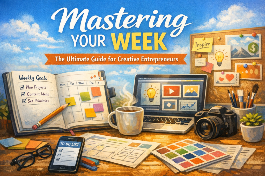 An illustrated blog header for Mastering Your Week: The Ultimate Guide for Creative Entrepreneurs. The scene features a bright blue sky with soft clouds behind the bold title text. An open weekly planner sits on the left, showing goals and a color‑coded calendar. On the right, a laptop displays creative project icons, with a steaming coffee mug, camera, paintbrushes, and a small plant nearby. A smartphone in the foreground shows a to‑do list, surrounded by glasses, pens, sticky notes, and a color palette. A vision board in the background includes inspirational icons like a lightbulb, mountain, and globe. The overall mood is organized, creative, and energizing.