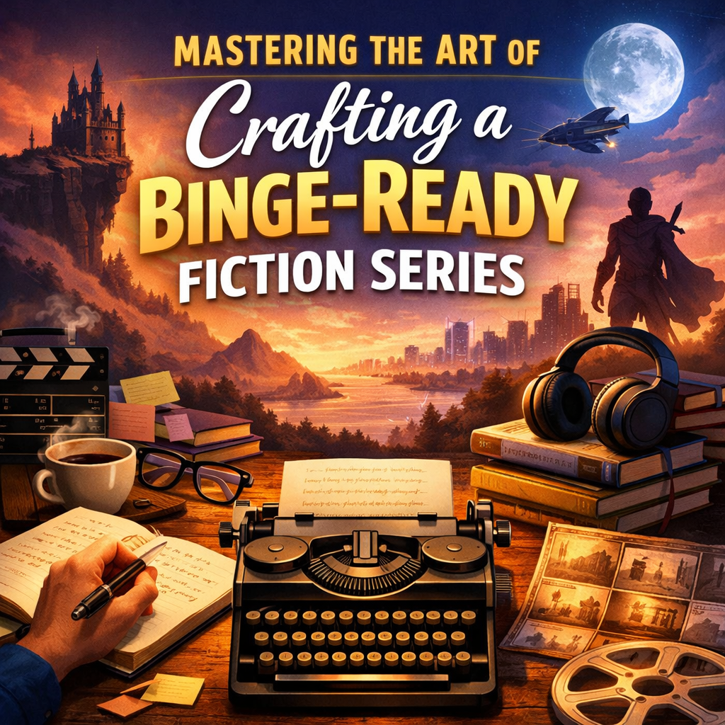 A vibrant digital illustration showing a writer’s desk with an open notebook, coffee, glasses, and a typewriter, blending into an epic fantasy‑sci‑fi landscape with a castle, a lone hero, and a spacecraft in the sky. Bold title text reads “Mastering the Art of Crafting a Binge‑Ready Fiction Series.” The scene symbolizes the fusion of planning, imagination, and worldbuilding required to create an addictive multi‑book series.