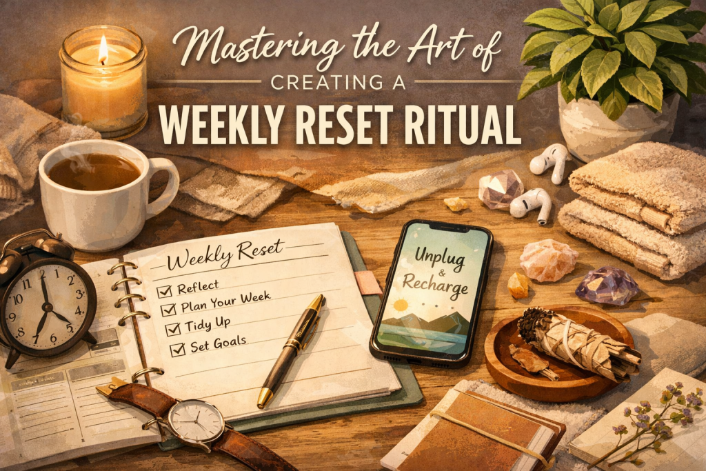 Flat‑lay illustration featuring items used in a calming weekly reset ritual: an open planner labeled ‘Weekly Reset’ with a gold pen, a steaming mug, a lit candle, a potted plant, a smartphone displaying ‘Unplug & Recharge,’ wireless earbuds, folded towels, crystals, a sage bundle, a wristwatch, and a journal. The title ‘Mastering the Art of Creating a Weekly Reset Ritual’ appears in elegant lettering above the objects. Warm, soft lighting creates a cozy, reflective atmosphere.