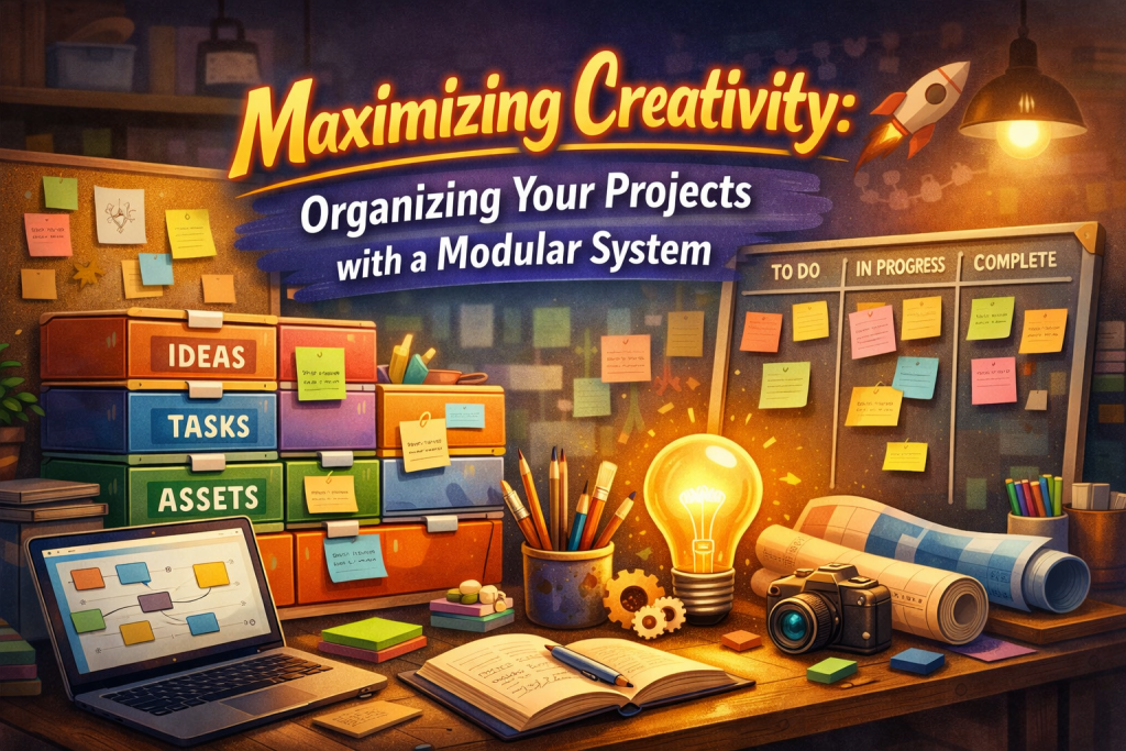 Digital illustration of a creative workspace themed around modular project organization. Colorful labeled containers (‘Ideas,’ ‘Tasks,’ ‘Assets’) sit beside a kanban board with columns for To Do, In Progress, and Complete. A laptop displays a flowchart, and nearby are a notebook, pens, art tools, gears, and a glowing lightbulb. The title ‘Maximizing Creativity: Organizing Your Projects with a Modular System’ appears in bold yellow and white text on a purple‑blue gradient banner. The background shows a softly blurred studio with warm lighting and abstract creative icons.