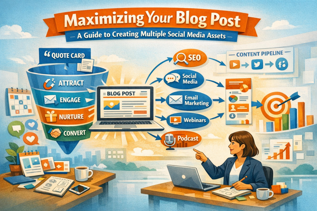 A colorful digital illustration shows a laptop displaying a blog post at the center, with arrows radiating outward to five content types: a quote card, video clip, infographic, carousel post, and podcast. Each format is labeled and illustrated with icons like a speech bubble, play button, vertical chart, swipeable images, and a microphone. A person sits at a desk in the lower left corner, sketching ideas while holding a phone. The desk includes a coffee mug, sticky notes, and a notepad. In the background, a calendar marked with social media icons and a content pipeline chart show the flow from blog post to social platforms. The title “Maximizing Your Blog Post” and subtitle “A Guide to Creating Multiple Social Media Assets” appear at the top in bold white and orange text.