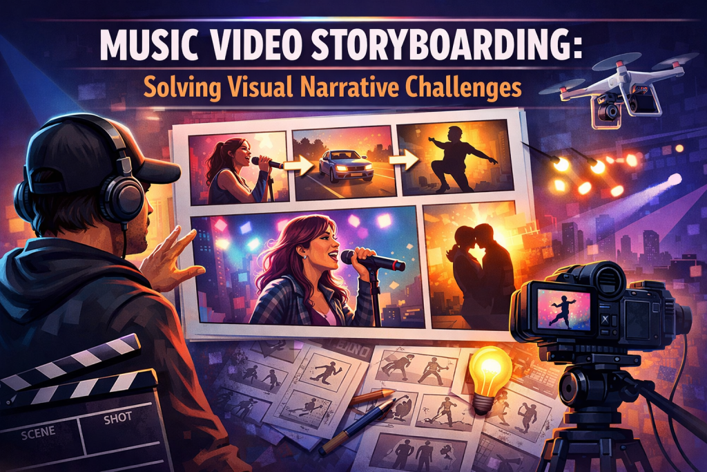“Illustrated music‑video storyboard surrounded by a director, camera, and scene sketches. Panels show a singer, a car on a road, a silhouetted couple at sunset, and a dancer—representing common visual‑narrative challenges and solutions in music video storyboarding.”