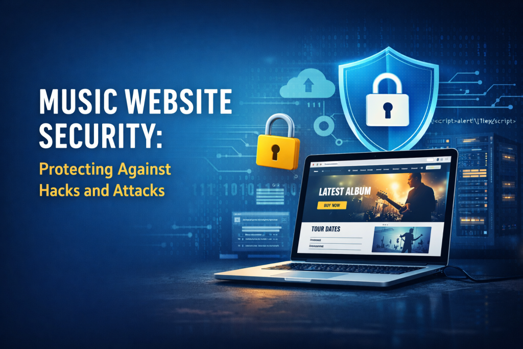 “Header image for a blog post on music website security, featuring a laptop displaying a musician’s website, surrounded by digital security elements such as a glowing shield with a padlock, binary code, and circuit lines. The background uses blue gradients to convey cybersecurity themes, with the title ‘Music Website Security: Protecting Against Hacks and Attacks’ displayed in bold typography.”