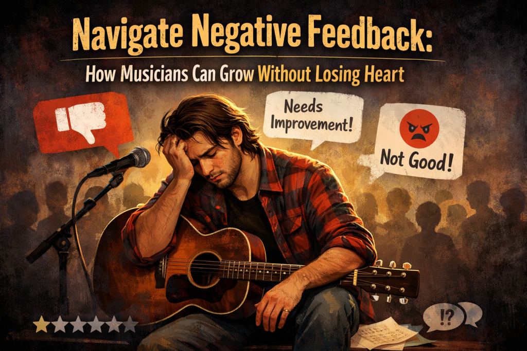 A musician sits on a dimly lit stage holding an acoustic guitar, looking discouraged as negative feedback icons and harsh comments float around him. Crumpled sheet music lies at his feet while the bold title “Navigate Negative Feedback: How Musicians Can Grow Without Losing Heart” appears above, highlighting the theme of resilience and creative growth.