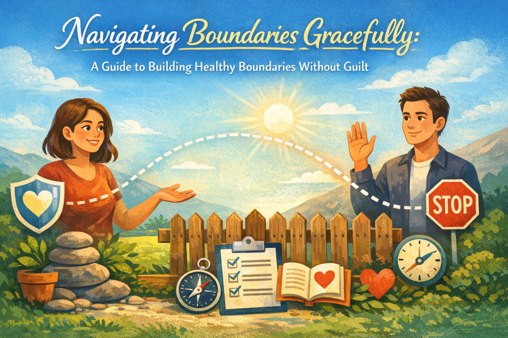 “Digital illustration for the blog post Navigating Boundaries Gracefully: A Guide to Building Healthy Boundaries Without Guilt. The scene shows a calm, bright landscape with soft mountains, a warm sun, and a blue sky. On the left, a woman with shoulder‑length brown hair smiles gently with her hand extended upward beside a heart‑shaped shield icon. On the right, a man waves calmly next to a small stop‑sign icon. A wooden picket fence runs between them, symbolizing healthy boundaries. Additional icons—stacked stones, a plant, a clock, an open book with a heart, a compass, and a clipboard with a checklist—represent clarity, emotional balance, time protection, learning, and self‑respect. The title text appears at the top in elegant white and yellow lettering.”
