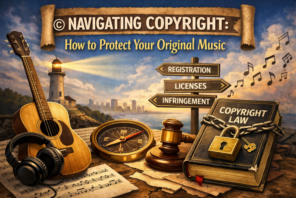 “Digital illustration showing symbols of music copyright protection, including a guitar, headphones, sheet music, a compass, a lighthouse, and a locked copyright law book. A signpost labeled registration, licenses, and infringement reinforces the theme of protecting original music.”