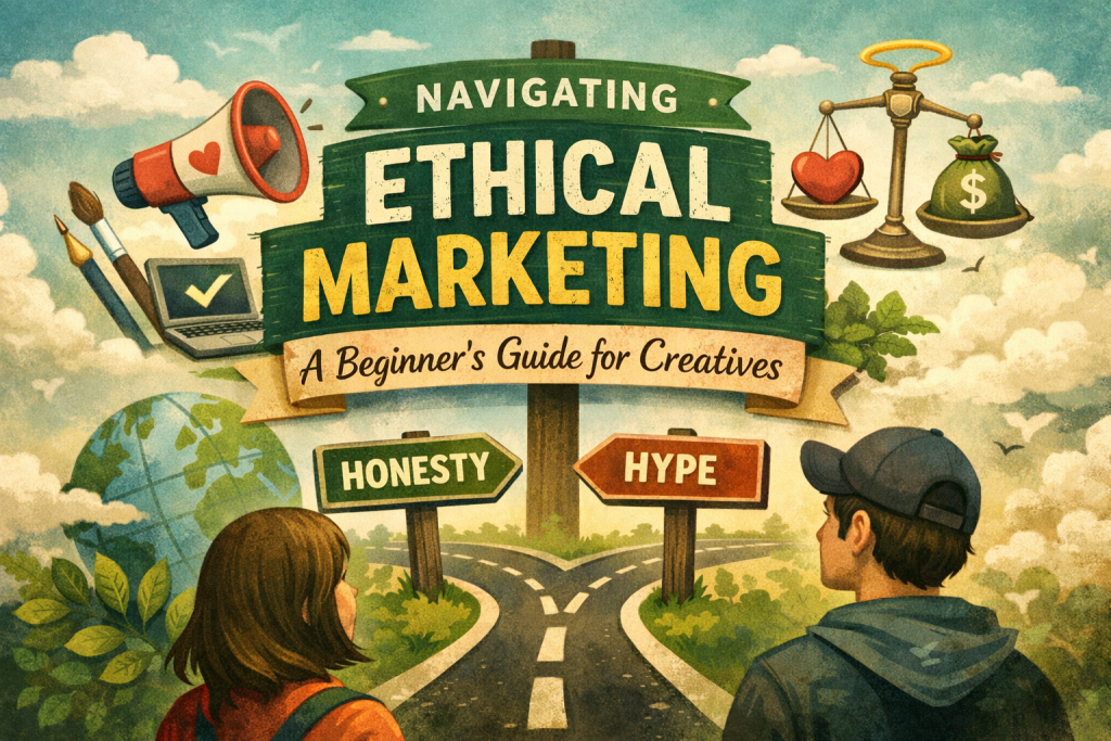 Illustrated blog header showing a green signpost labeled ‘Navigating Ethical Marketing’ in bold white and yellow lettering, with the subtitle ‘A Beginner’s Guide for Creatives’ on a beige banner below. Surrounding the sign are icons representing humane marketing: a megaphone with a heart, a paintbrush, a laptop with a checkmark, a balanced scale with a heart and a money bag, and a glowing lightbulb. At the bottom, a forked road splits toward two signs labeled ‘Honesty’ and ‘Hype,’ observed from behind by two young creatives. Soft greens, yellows, and earthy tones create a warm, trustworthy atmosphere.